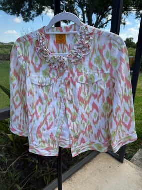 Ruby Rd. Pink & Lime Green Printed Button-Front Jacket with Ruffle Neck